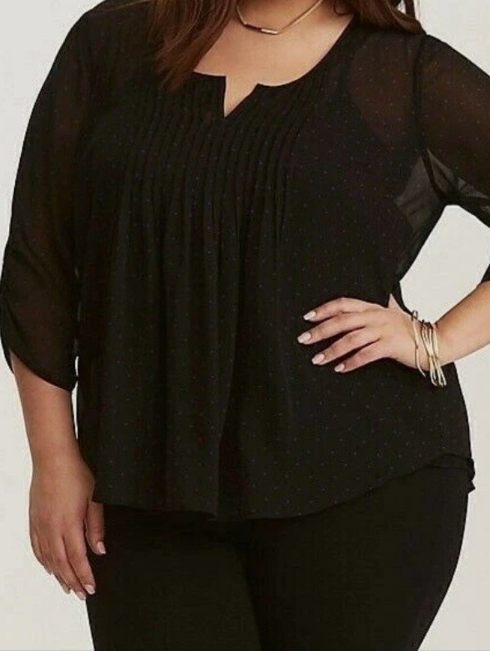 Torrid Black& Blue Polka-Dot Sheer Pintuck Yoke 3/4 Rouched Sleeve Blouse Sz 0